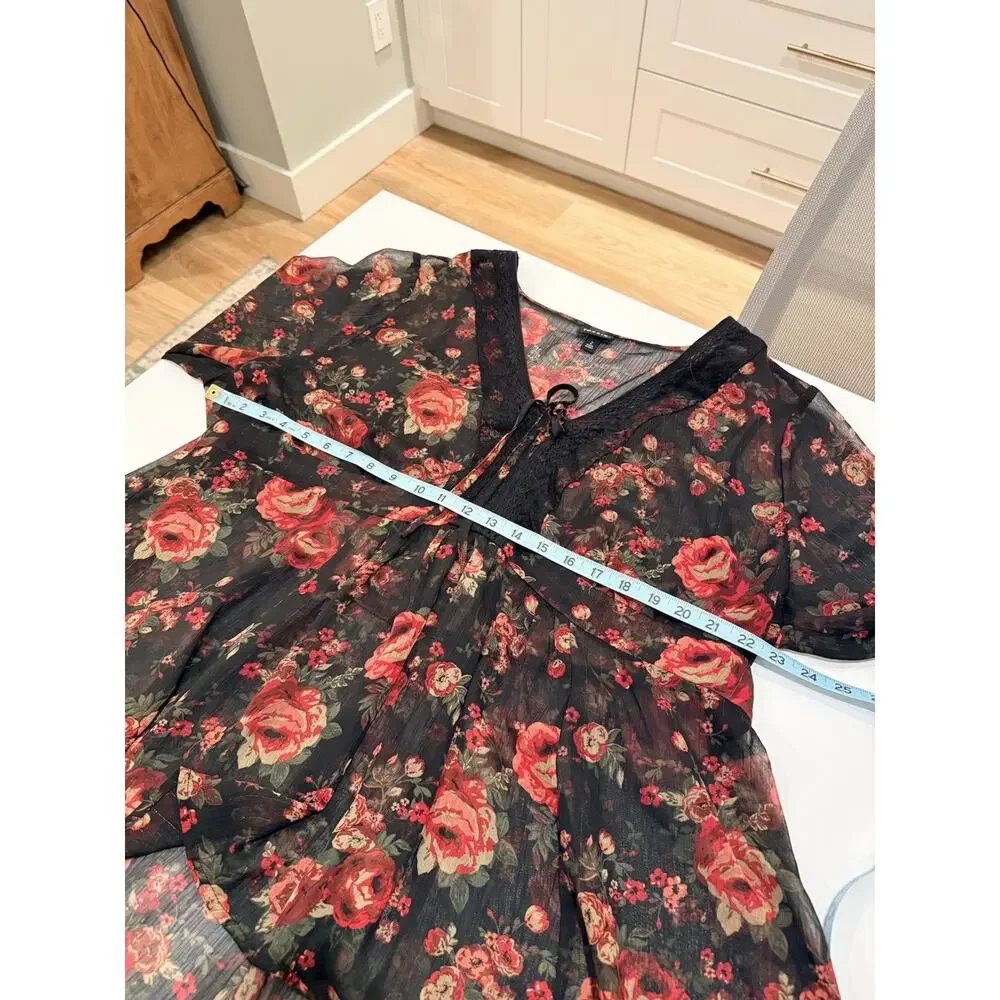 Torrid Top Blouse Black Sheer Red Rose Babydoll Chiffon Floral Plus Size 2 2X